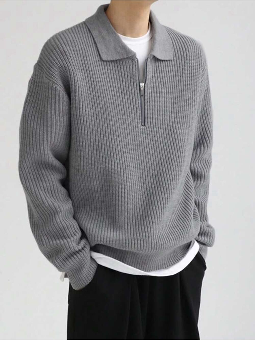 Dazy Men’s Half Zip Drop Shoulder Fall Sweater Grey - Size M